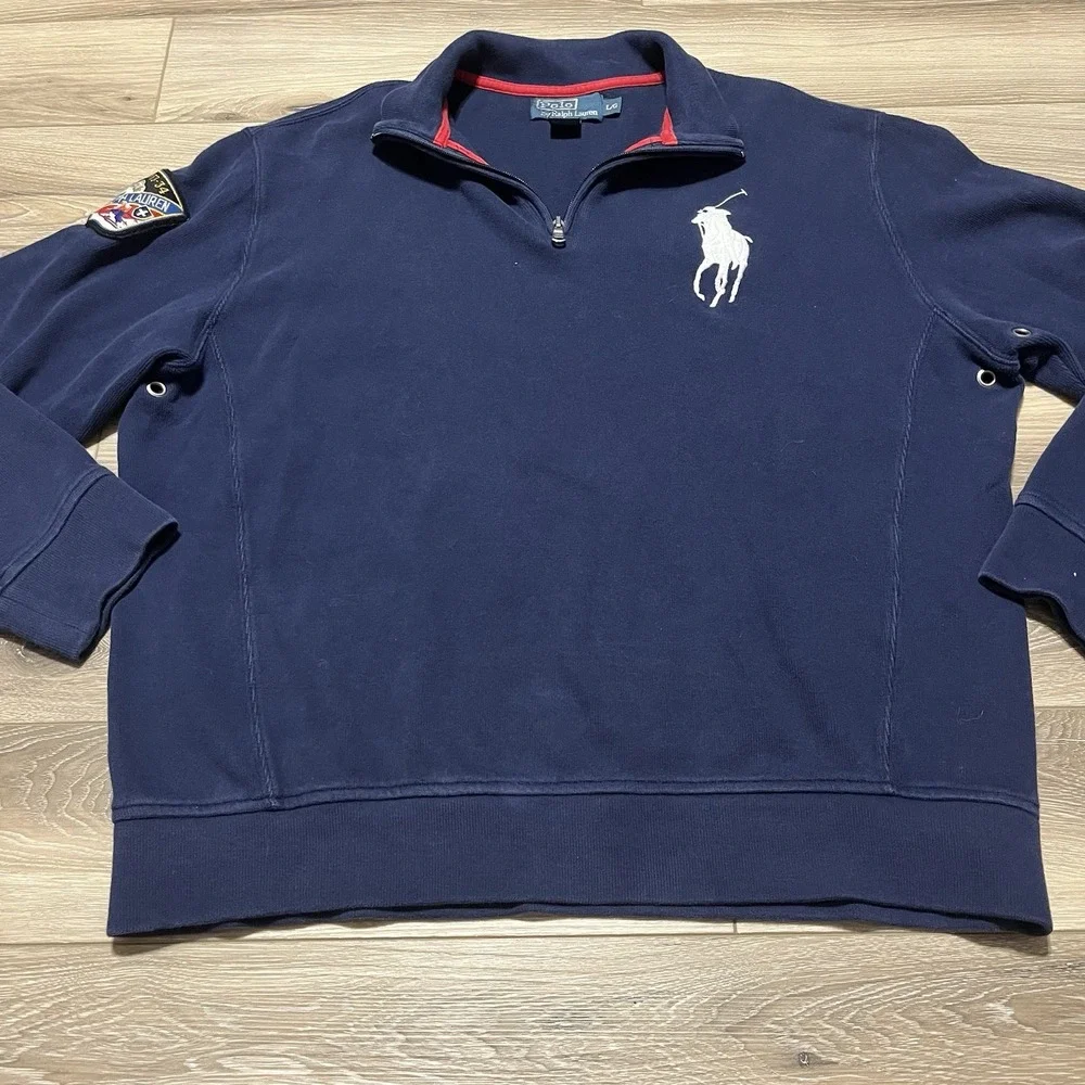Polo Ralph Lauren Sweater Men's Large Blue 1/4 Zip‎ Pullover Big Pony Ski Patch
